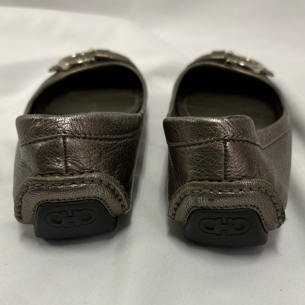 Salvatore Ferragamo Ballet Flats Metallic Bronze Leather US 6.5 Silver Buckle - Picture 6 of 14